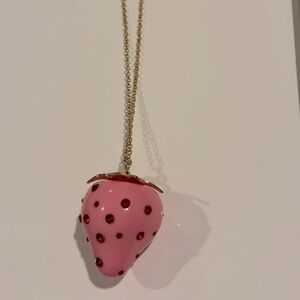 Betsy Johnson pink strawberry gold toned long necklace w/ bow and rhinestones